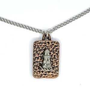 Vintage Hammered Copper Pewter Lighthouse Necklace Pendant FORT 1979 1" X 1/2"